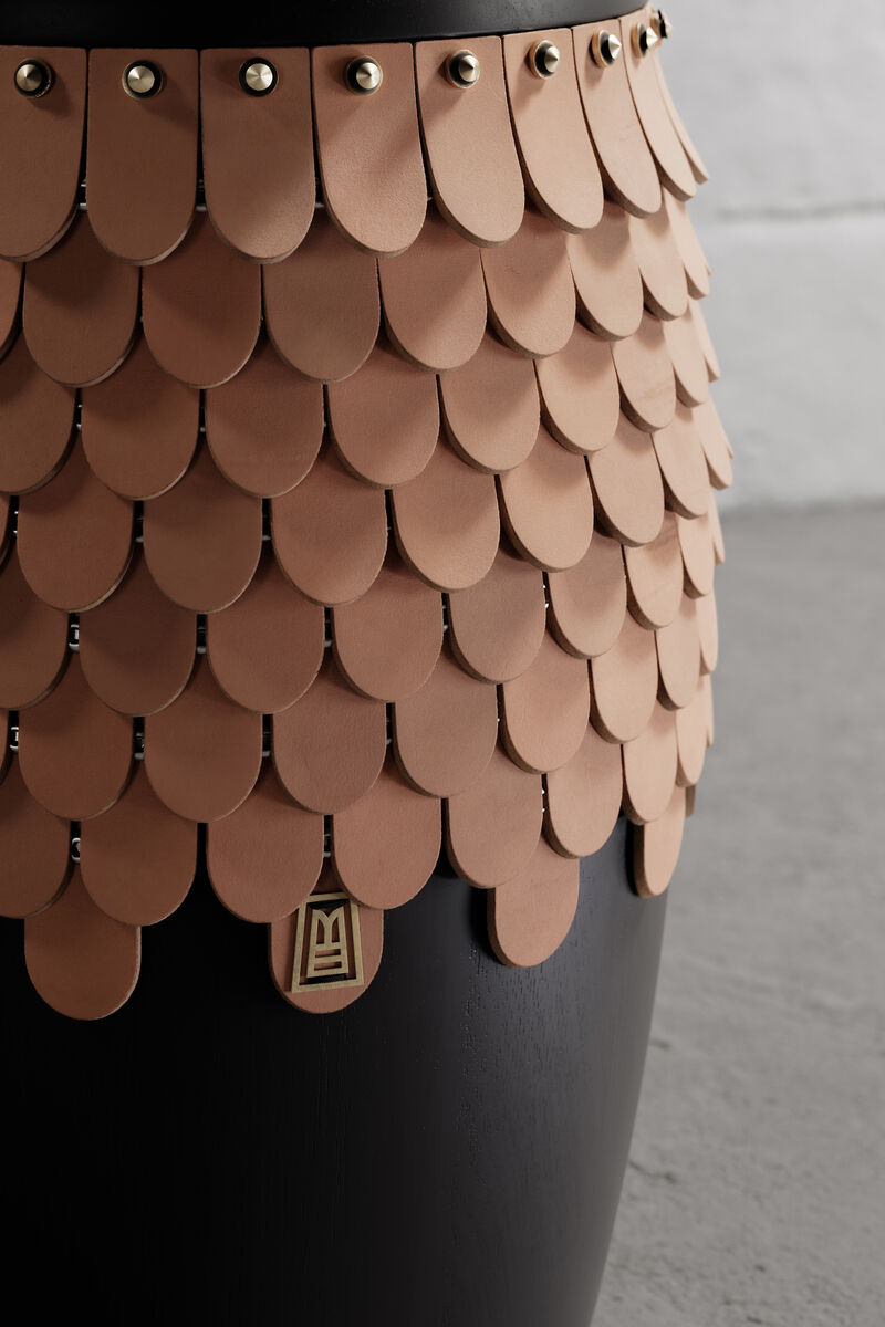 SITIERA_01 Solid Wood Stool, with Natural Thick Leather Accents, and Aged Bronze by ANDEAN, In Stock