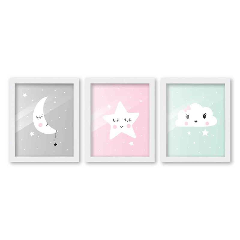 8x10 Framed Nursery Wall Art Set of 3 Hand Drawn Sleepy Star Moon & Cloud Prints in White Wood Frames