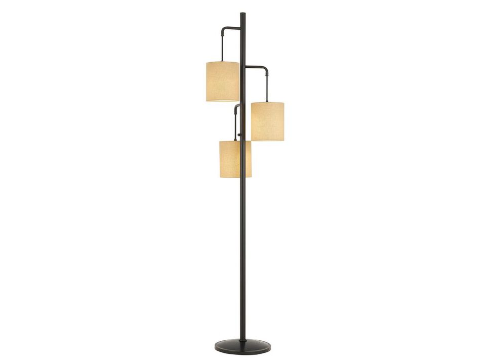 3 Light Lantern Design Metal Floor Lamp with Fabric Shades, Black and Beige - Benzara