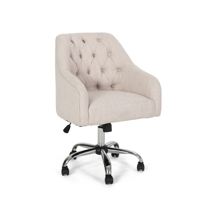 Nysa Swivel Office Chair, Tufted Beige Fabric, Chrome Steel -Benzara