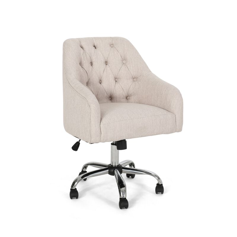 Nysa Swivel Office Chair, Tufted Beige Fabric, Chrome Steel -Benzara