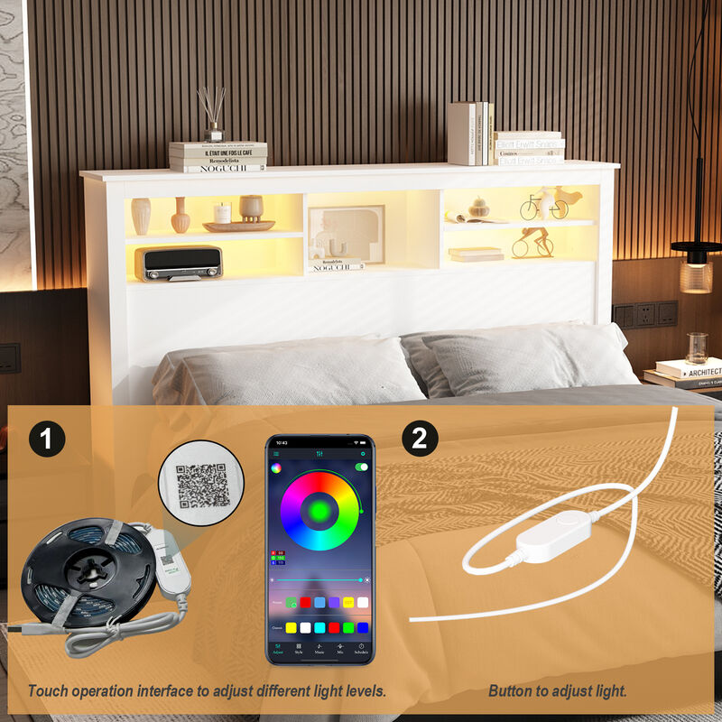 Full Queen White Wood Headboard Shelf With 5-Shelves and LED Lights