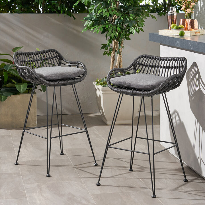 Modern Outdoor Wicker Barstools with Cushions (Set of 2)