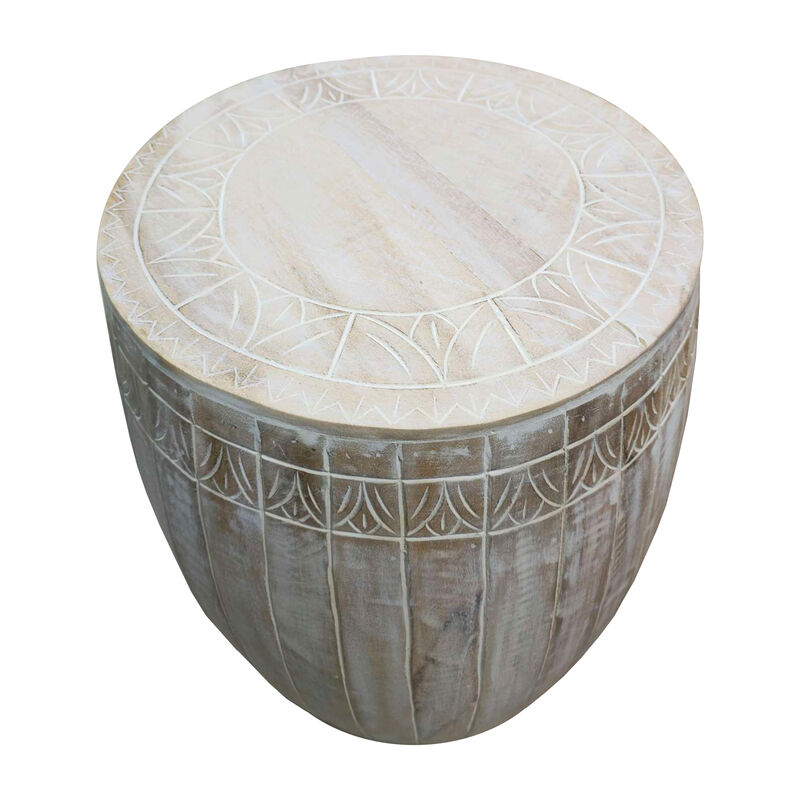 Serenity Barrel Side End Table with 18 Inch Round Top, In Antique White Mango Wood