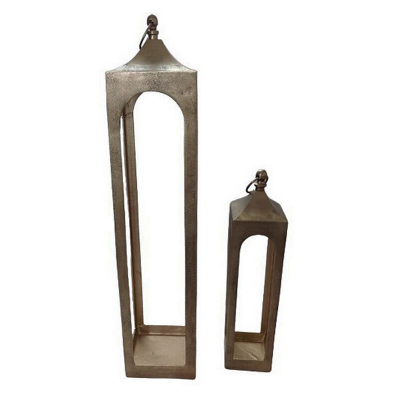 Akira Tabletop Candle Holder Lantern Set of 2, Gold Metal, Top Hook - Benzara