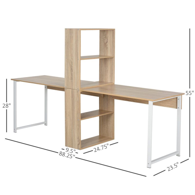 Natural Wood Duo Desk: 88" Double Workstation with Bookshelves