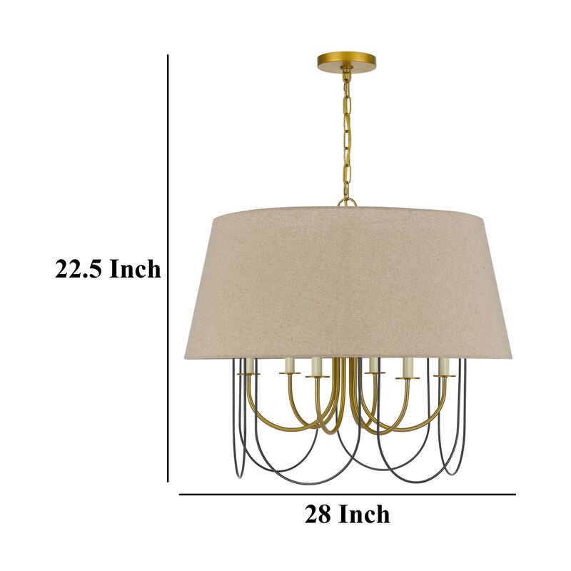 Pomy 28 Inch Chandelier, Hardback Burlap Shade, Gold Black Metal - Benzara