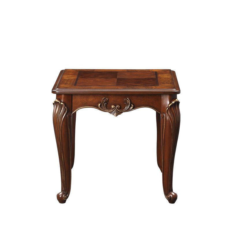Lisa 28 Inch Side End Table, Ornate Curved Apron, Cabriole Legs, Brown - Benzara