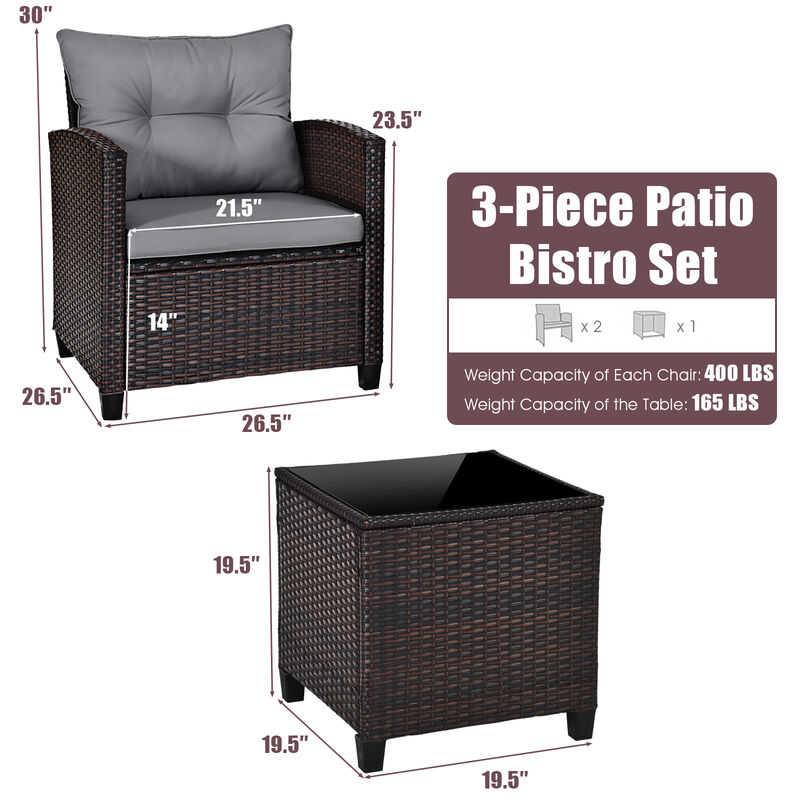3 Pcs Patio Rattan Furniture Set Cushioned Conversation Set Coffee Table