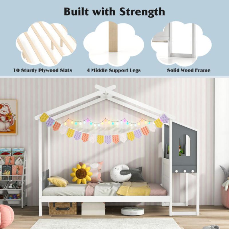 Hivvago Twin/Full Bed Frame with House Roof Canopy and Fence for Kids