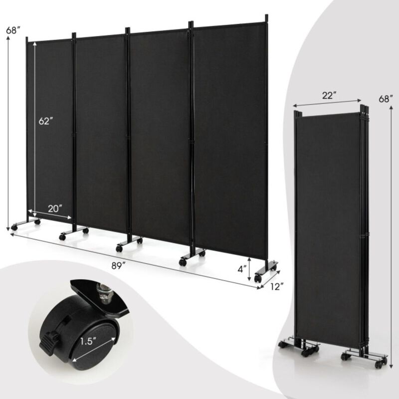 Hivvago 4-Panel Folding Room Divider 6 Feet Rolling Privacy Screen with Lockable Wheels