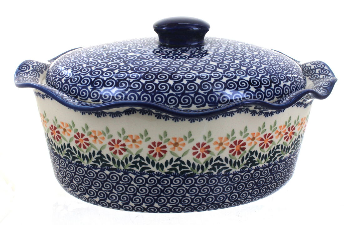Blue Rose Polish Pottery Tulip Large Oval Baker with Lid