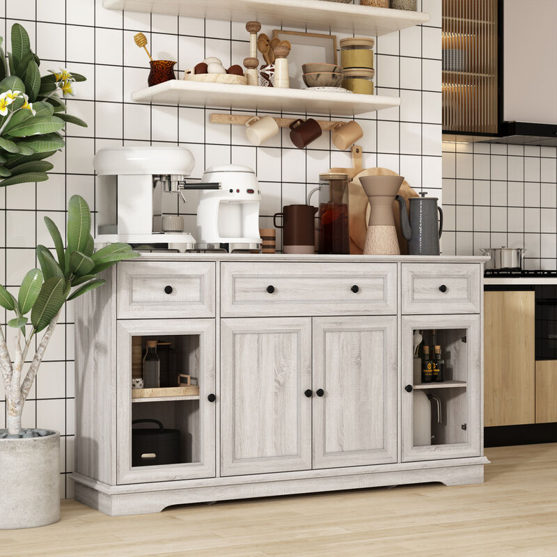 Retro Beige Light Wood Grain 35.4 in. Height Storage Cabinet, Sideboard, Food Pantry with 3-Drawer and 5-Shelf