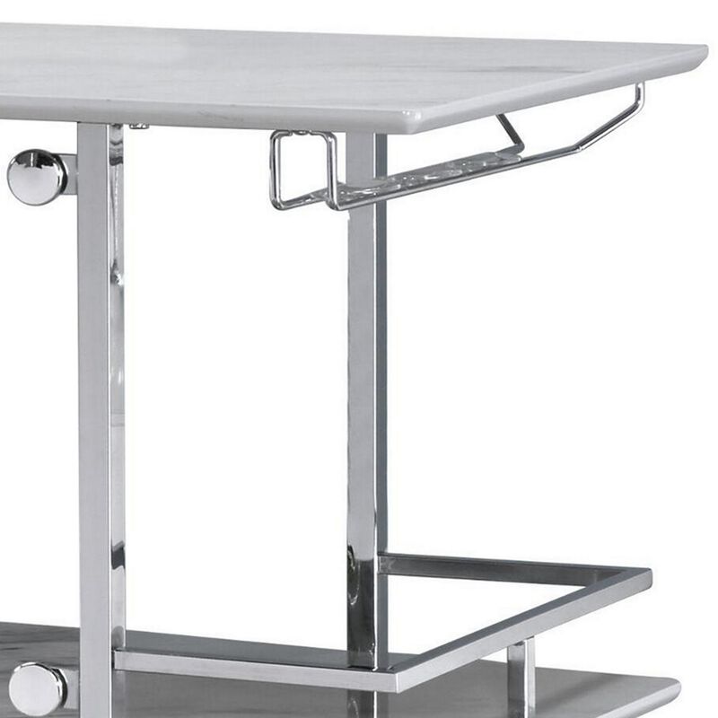 Bar Table with Faux Marble and Chrome Finish, White and Silver-Benzara