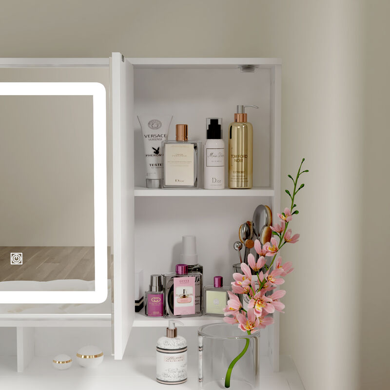 White Modern Makeup Vanity Desk 9 Drawers Wood Dressing Table With 3 Mirrors, Hidden Storage Shelves, LED Lighted