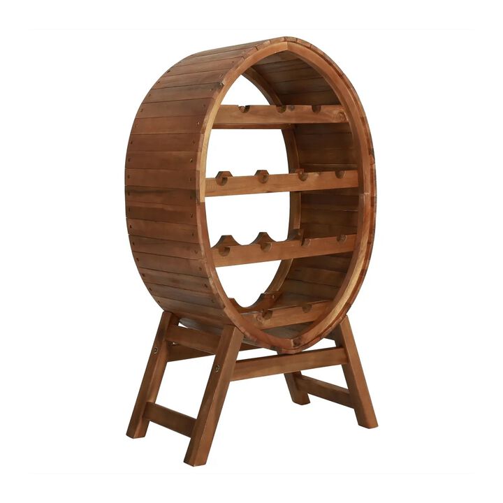 Oval Wine Rack, 13 Bottles, 35 Inch Tall Brown Solid Acacia Wood Frame - Benzara