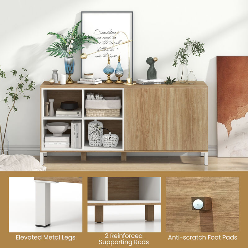 63 Inches Buffet Sideboard with 4 Compartments and Push-to-Open Cabinet-Natural