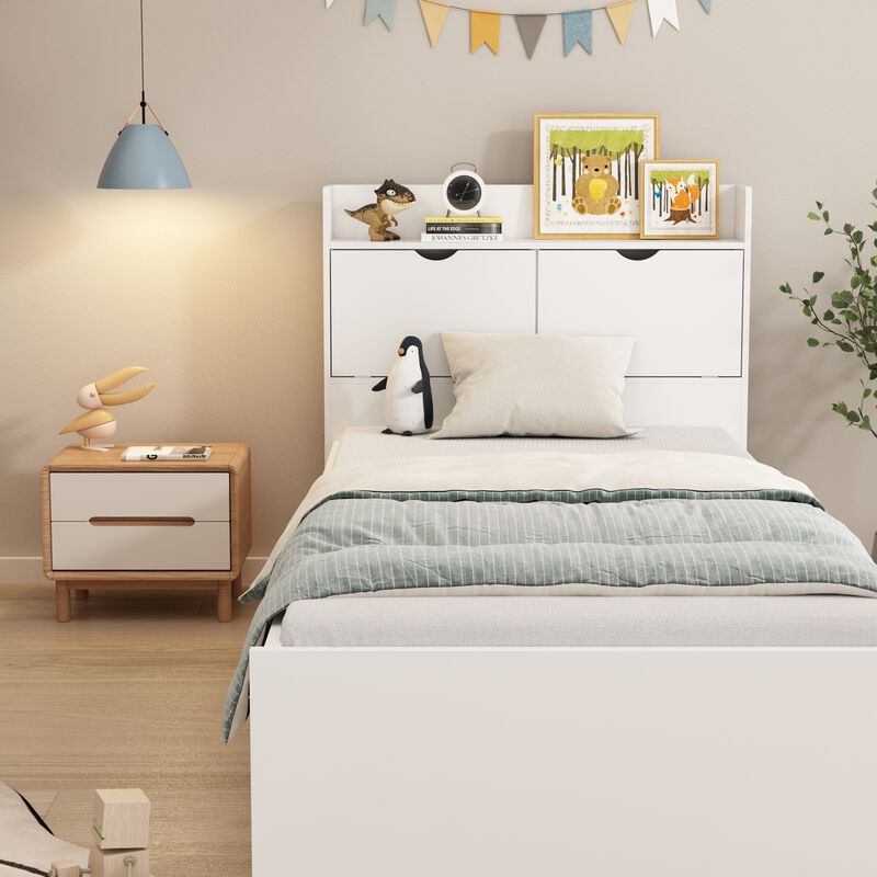White Wood Frame Twin Bed Platform Bed Storage Bed with 3-Wheels Drawers and Headboard