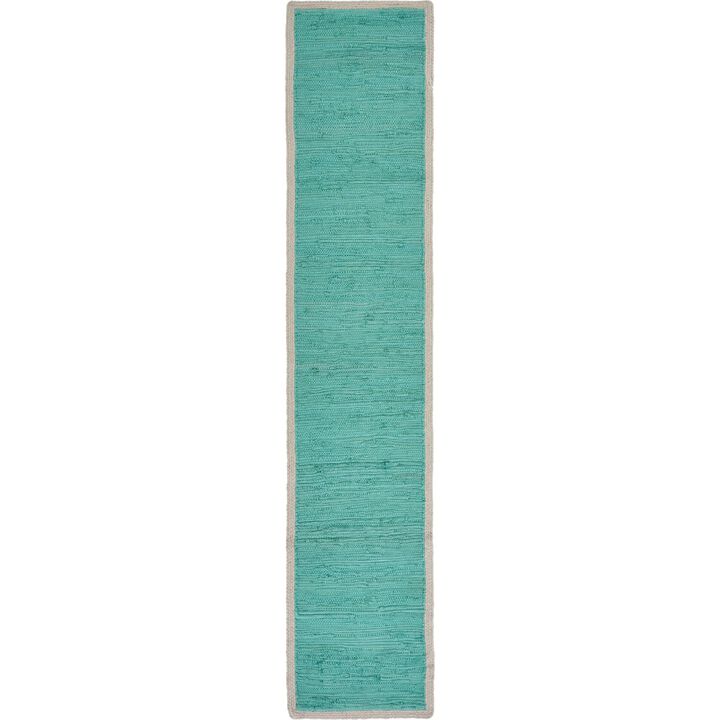 80" Turquoise and Cream Hand Woven Bordered Rectangular Table Runner