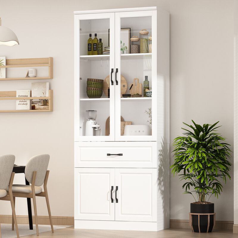 FUFU&GAGA Kitchen Storage Cabinet with Glass Doors, Adjustable Shelves, and Drawer for Organization (31.5" W x 15.7" D x 78.9" H) White