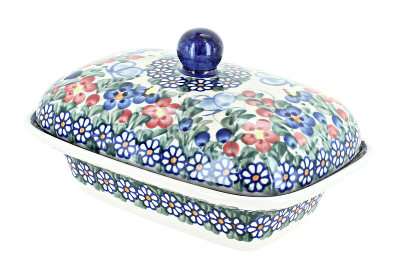 Blue Rose Polish Pottery Garden Butterfly Butter Tub