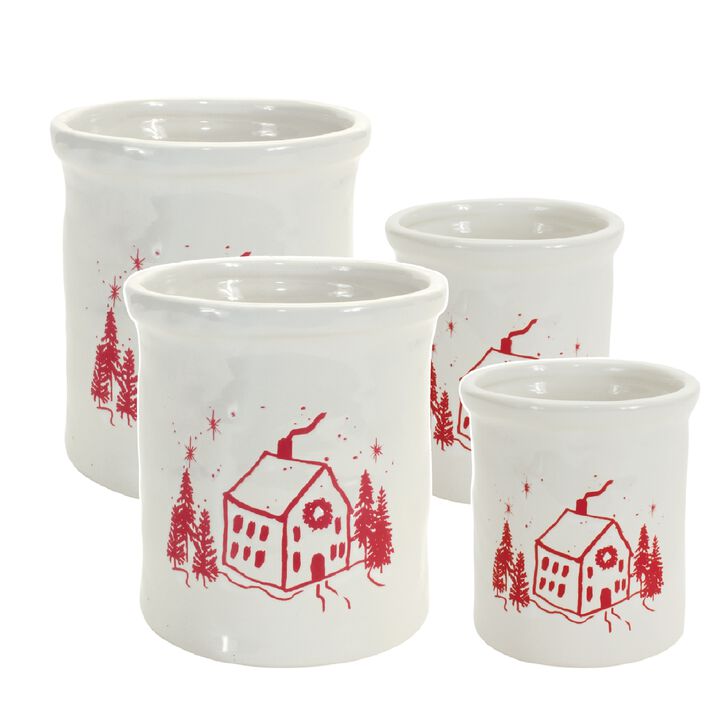 Snowy House Scene (Set of 4) – Winter Holiday Decor for Seasonal Home Decoration