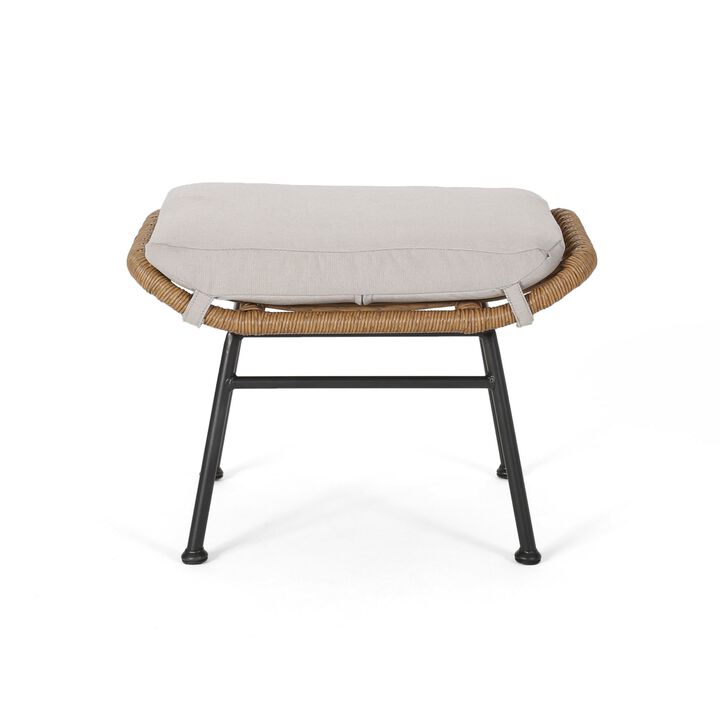 Margo Outdoor Ottoman Set of 2, 24 Inch Black Iron, Brown and Beige -Benzara