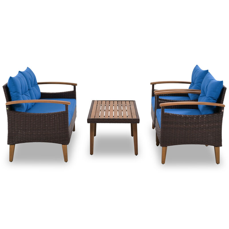 4-Piece Garden Furniture, Patio Seating Set, PE Rattan Outdoor Sofa Set, Wood Table And Legs