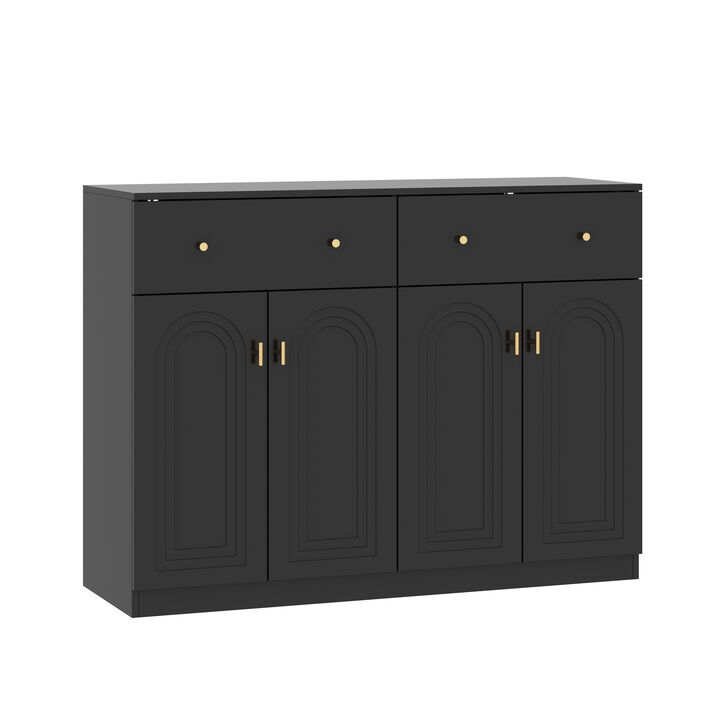 FUFU&GAGA Modern Black Sideboard with 2 Drawers & 4 Cabinet Doors, T-Shaped Door Design, Gold Handles, and Adjustable Shelves (47.2" W x 35.4" H x 15.7" D), Black