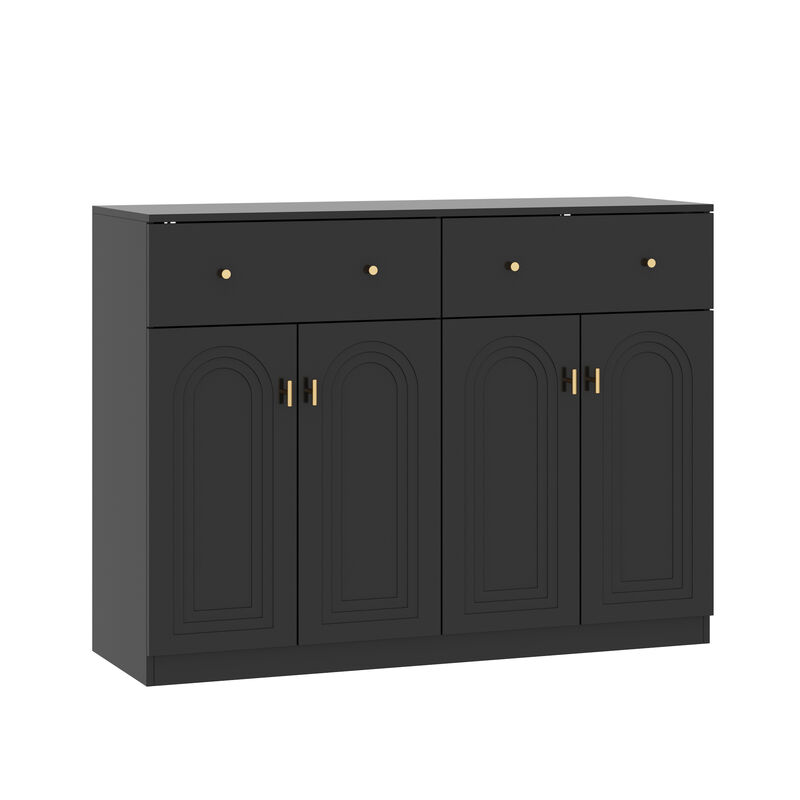 FUFU&GAGA Modern Black Sideboard with 2 Drawers & 4 Cabinet Doors, T-Shaped Door Design, Gold Handles, and Adjustable Shelves (47.2" W x 35.4" H x 15.7" D), Black