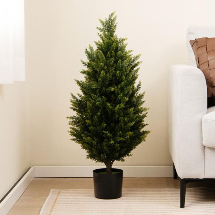 Hivvago 3 Feet Artificial Topiary Cedar Tree with Cement Plastic Pot and Faux Moss-Green