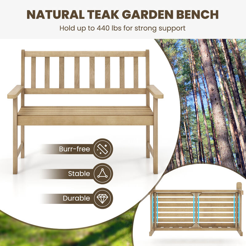Outdoor Indonesia Teak Wood Garden Bench 2-Person with Backrest and Armrests
