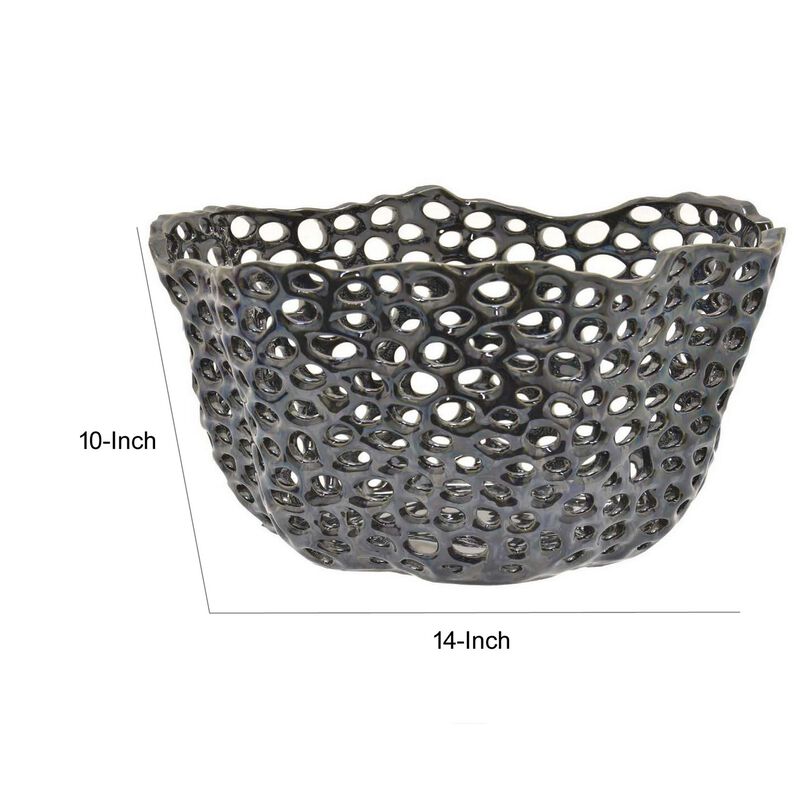 Hina 14 Inch Decorative Bowl, Mesh Design, Wavy Edges, Ceramic Blue Finish - Benzara