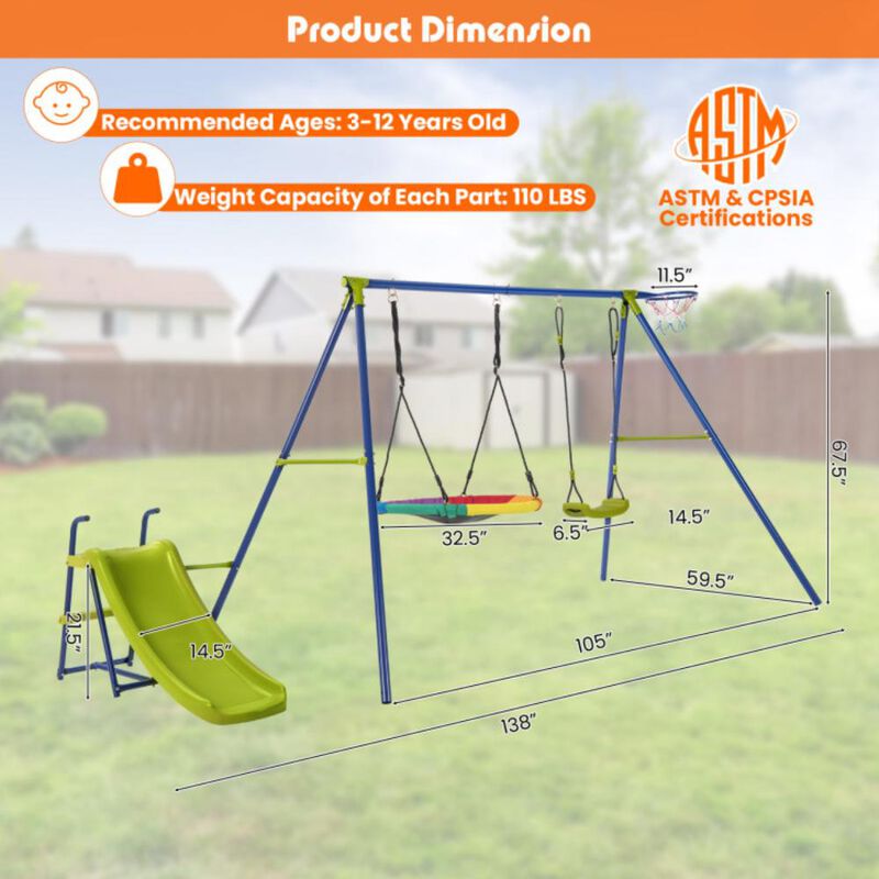 Hivvago 4-in-1 Heavy-Duty Metal Playset with Slide and Basketball Hoop