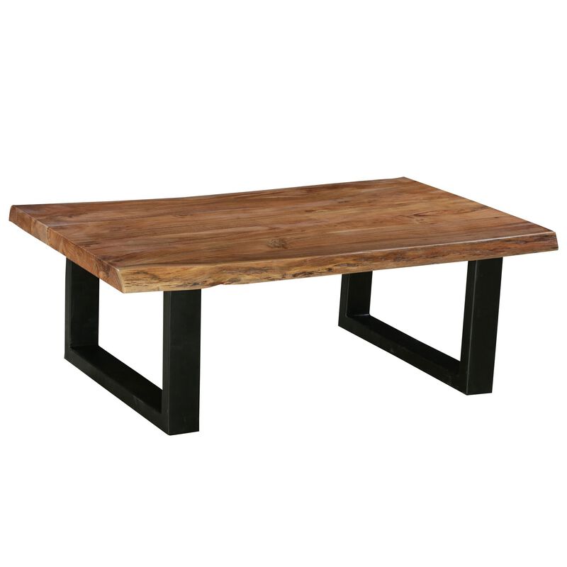 45 Inch Acacia Wood Rectangular Coffee Table, Live Edge Details, Black Powder Coated Metal Sled Base, Natural Brown-Benzara