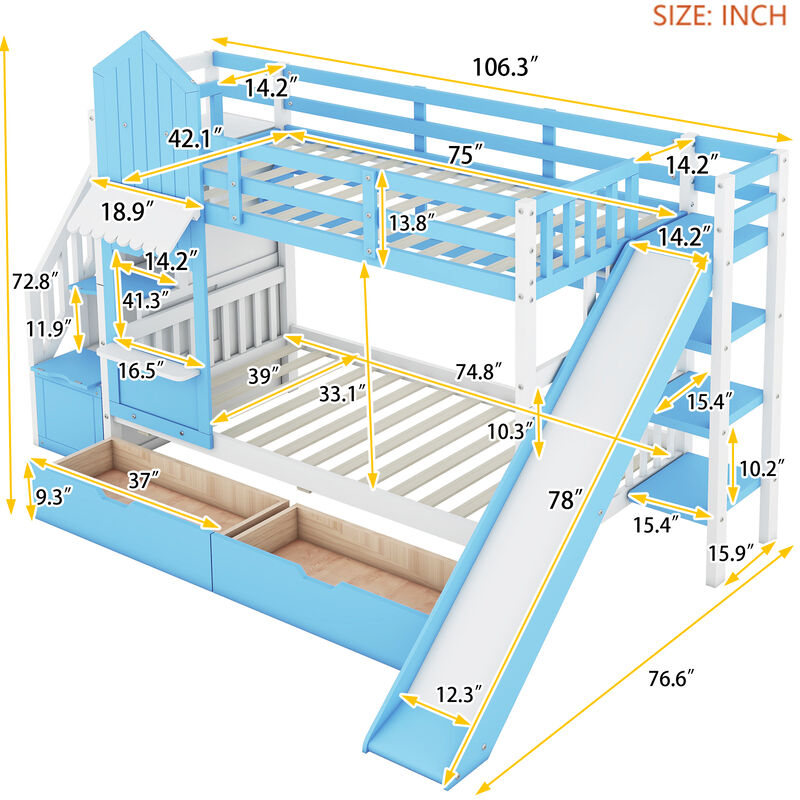Twin Over Twin Castle Style Bunk Bed With 2 Drawers 3 Shelves And Slide