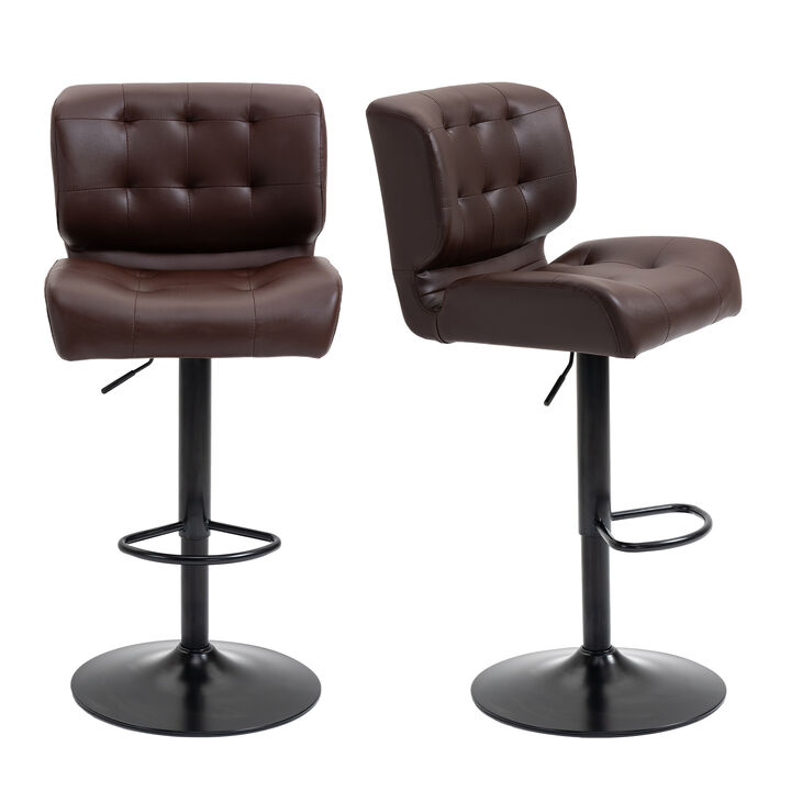 HOMCOM Bar Height Bar Stools Set of 2 with Adjustable Seat, Thick Padded Cushion and Metal Footrest for Home Bar, Brown