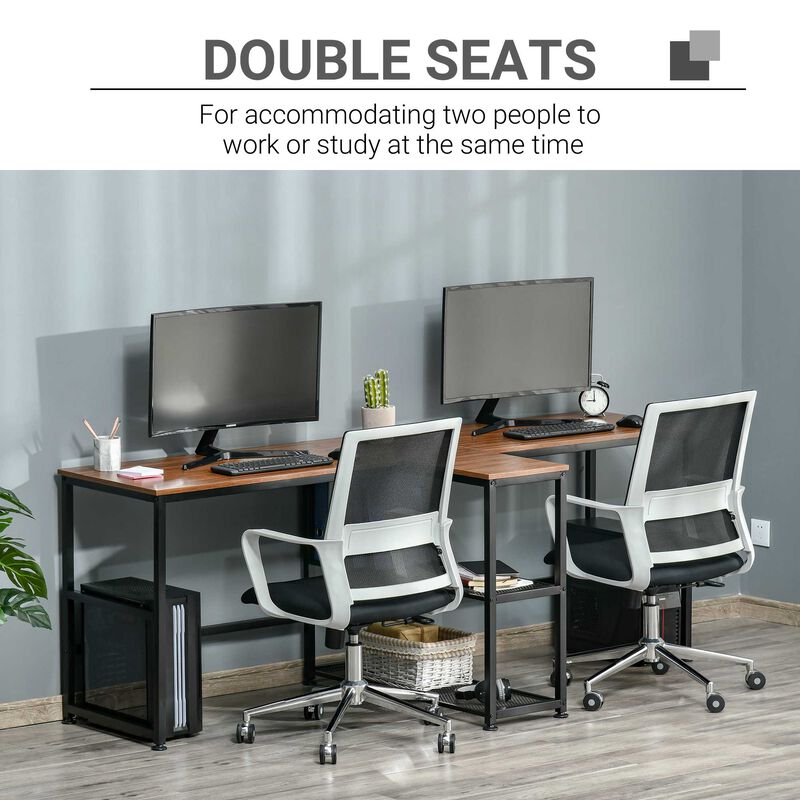 Dark Walnut Shared Workspace: 83" Two-Person Desk with Storage Shelves