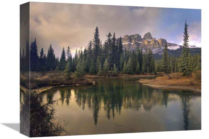 Castle Mountain and boreal forest reflected in lake, Alberta, Canada-Canvas Art-16x12