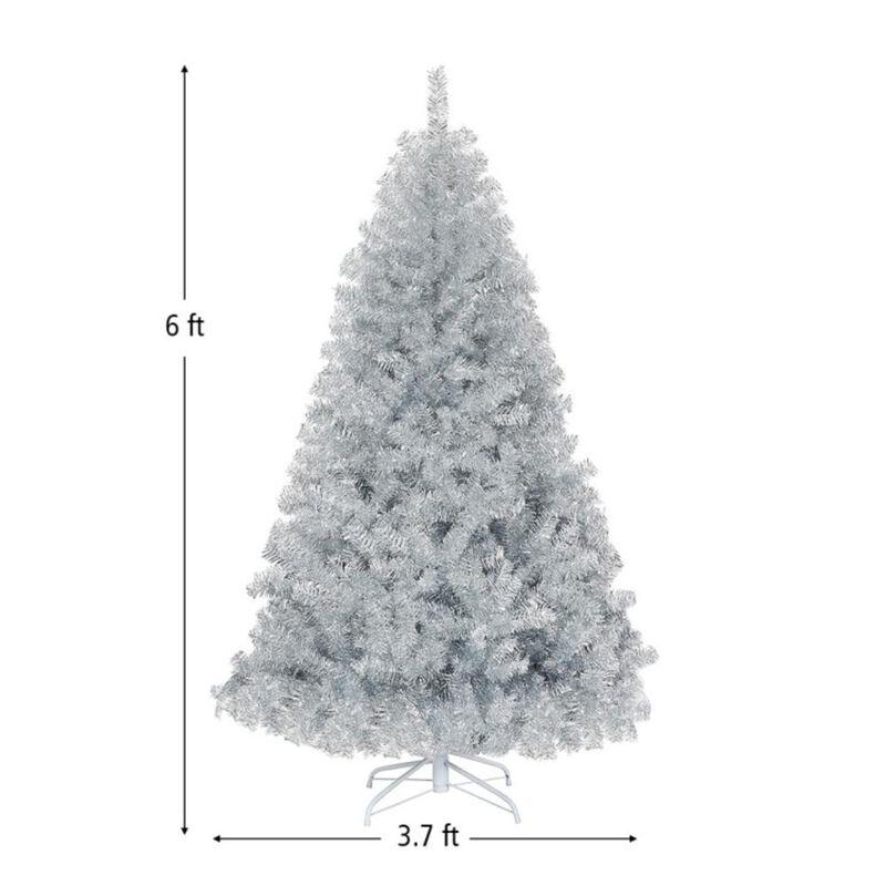 Hivvago 6 Feet Hinged Unlit Artificial Silver Tinsel Christmas Tree with Metal Stand
