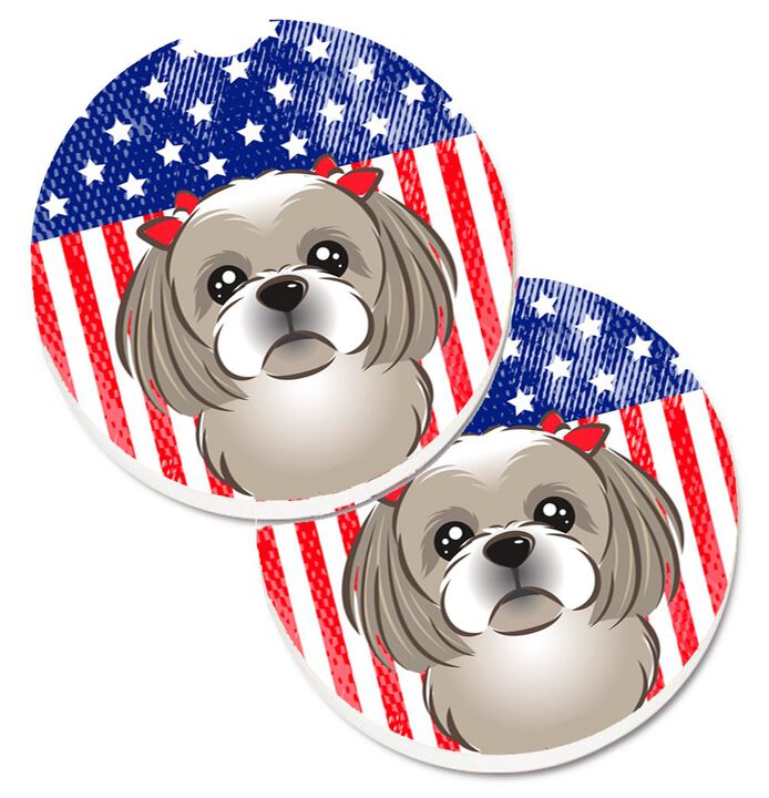 Caroline's Treasures American Flag & Gray Silver Shih Tzu Set of 2 Cup Holder Car Coasters BB2180CARC, 2.56, Multicolor