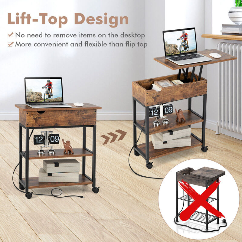 Lift Top End Table with Charging Station and Universal Wheels-Rustic Brown