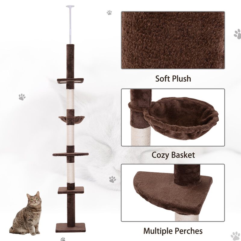 Vertical Feline Paradise: 9' Brown/White Adjustable Floor-to-Ceiling Cat Tree
