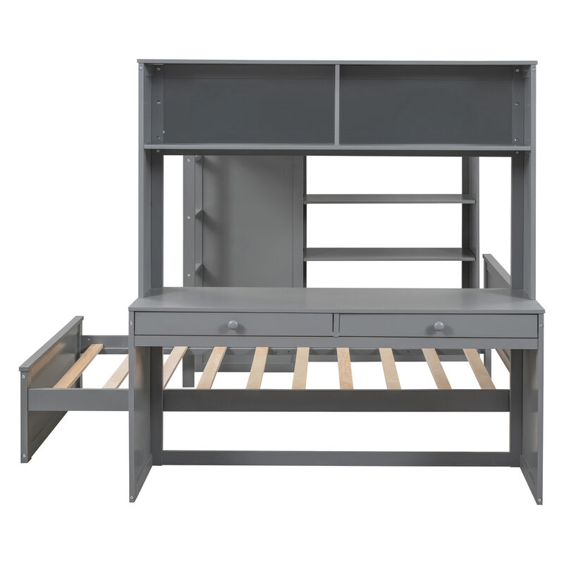 Full Size Loft Bed With A Twin Size Stand-Alone Bed, Shelves, Desk, And Wardrobe