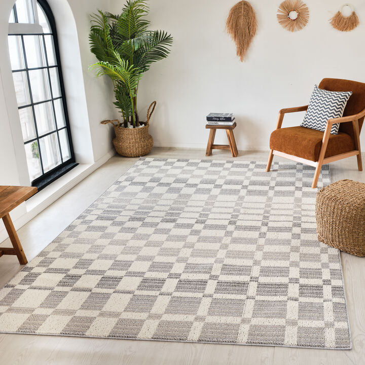 Abstract Checkered Modern Grey Beige Indoor Area Rug