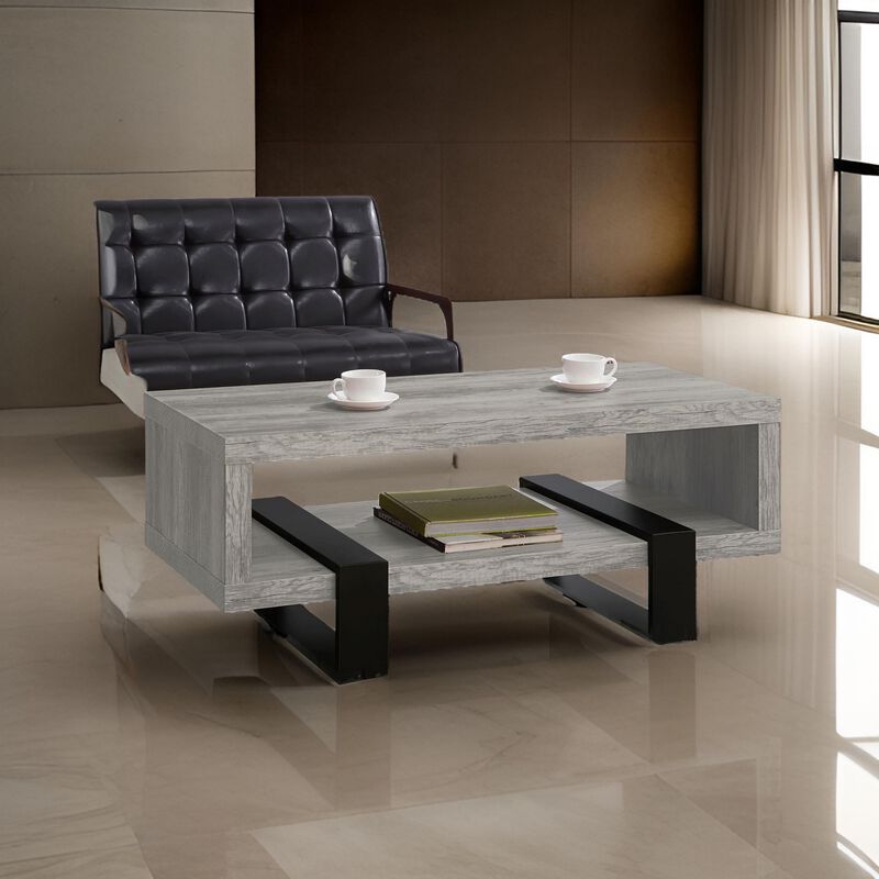 Modern Driftwood Open Shelf Coffee Table, Gray and Black - Benzara