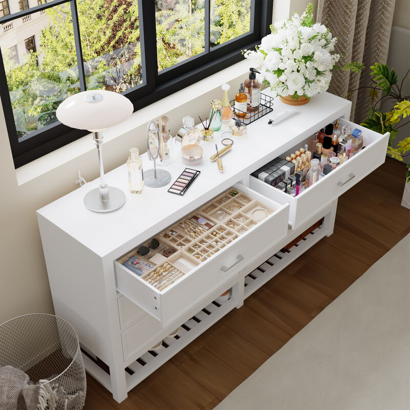 FUFU&GAGA Modern White 6-Drawer Dresser with Open Storage Shelf,（63” W x 15.7” D x 33.1” H), White