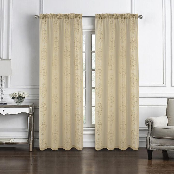 RT Designers Collection Andrea 2 Pieces 1.5" Rod Pocket Damask Embroidery Metallic 36" x 84" Taupe