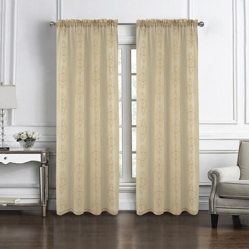 RT Designers Collection Andrea 2 Pieces 1.5" Rod Pocket Damask Embroidery Metallic 36" x 84" Taupe
