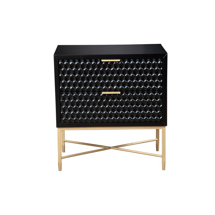 Rexi 26 Inch 2 Drawer Nightstand, Honeycomb, Mahogany Wood, Black, Gold-Benzara